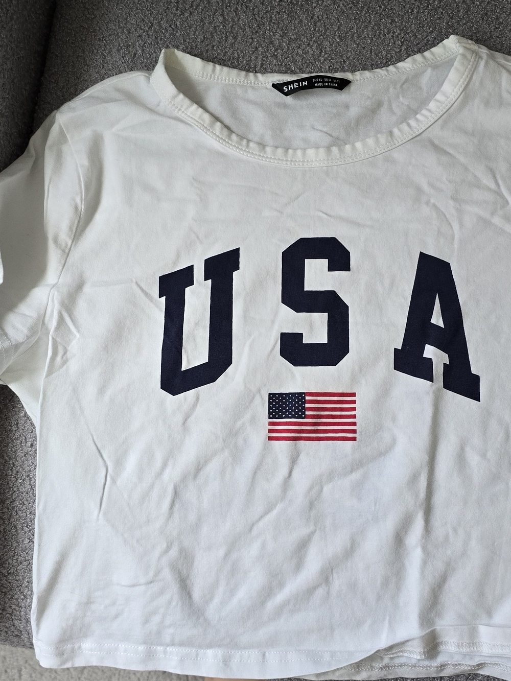 SHEIN White Crop Top with Navy USA Letters and Red Flag Graphic